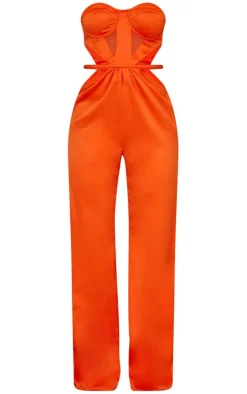 Bright Orange Underwire Cup Detail Cut Out Waist Satin Bandeau Jumpsuit
