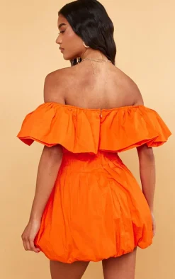 Bright Orange Woven Extreme Puff Bardot Shift Dress