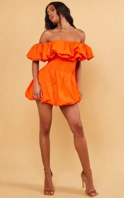 Bright Orange Woven Extreme Puff Bardot Shift Dress
