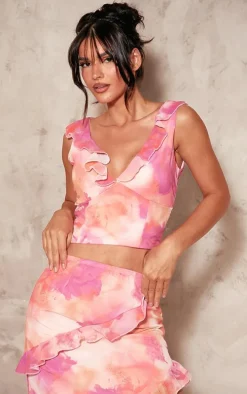 Bright Pink Chiffon Floral Print Ruffle Plunge Top