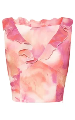 Bright Pink Chiffon Floral Print Ruffle Plunge Top