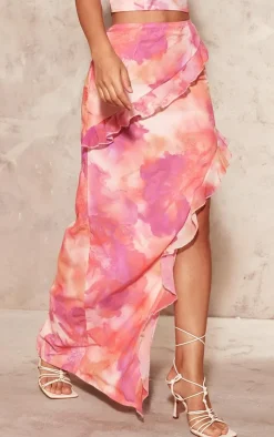 Bright Pink Chiffon Floral Print Ruffle Maxi Skirt