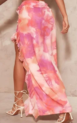 Bright Pink Chiffon Floral Print Ruffle Maxi Skirt