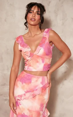 Bright Pink Chiffon Floral Print Ruffle Maxi Skirt