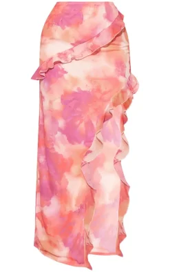Bright Pink Chiffon Floral Print Ruffle Maxi Skirt