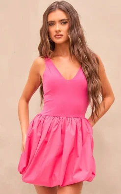 Bright Pink Contrast V Neck Puff Ball Dress