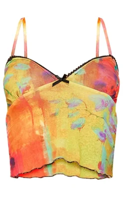 Bright Pink Floral Abstract Onion Skin Ruched Lettuce Hem Cami Top