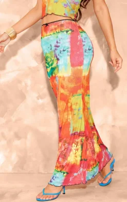 Bright Pink Floral Abstract Onion Skin Lettuce Hem Low Rise Maxi Skirt