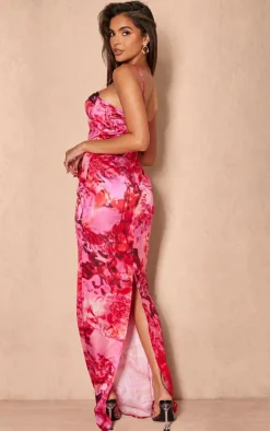 Bright Pink Floral Satin Print Lace Trim Maxi Dress
