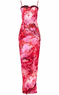 Bright Pink Floral Satin Print Lace Trim Maxi Dress