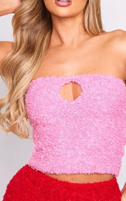 Bright Pink Fuzzy Knit Key Hole Bandeau Top