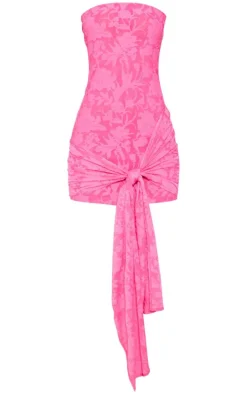 Bright Pink Jacquard Bandeau Wrap Bodycon Dress