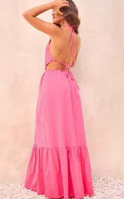 Bright Pink Linen Look Halterneck Backless Maxi Dress