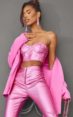 Bright Pink Metallic Look Coated Denim Bandeau Top