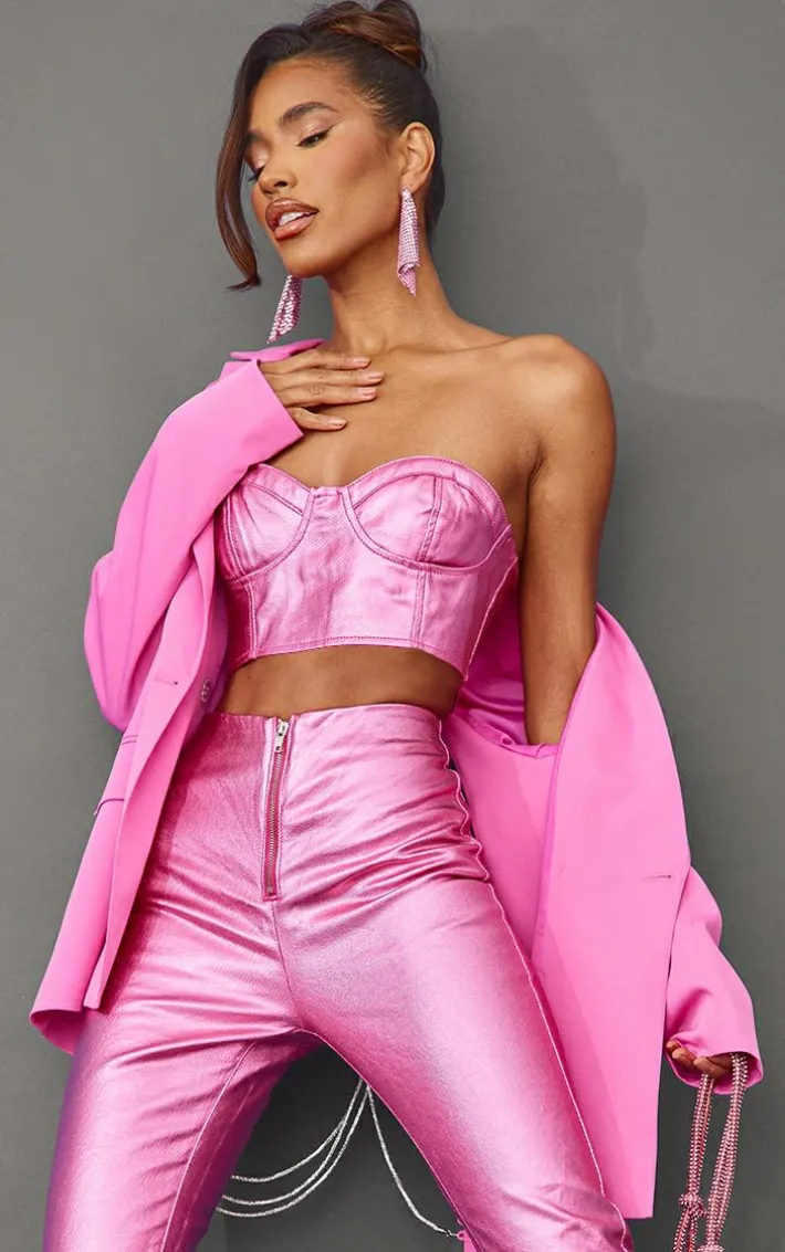 Bright Pink Metallic Look Coated Denim Bandeau Top