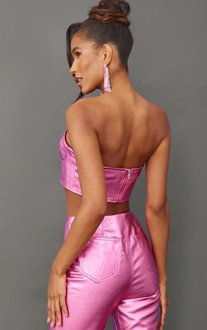 Bright Pink Metallic Look Coated Denim Bandeau Top
