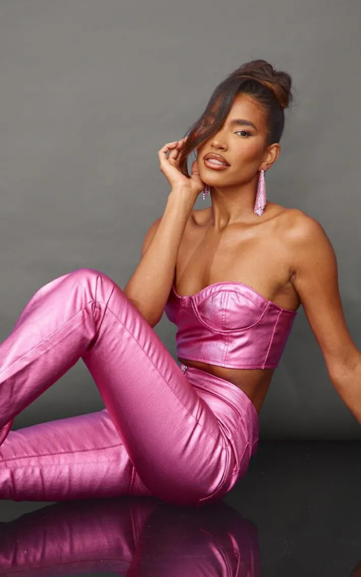 Bright Pink Metallic Look Coated Denim Bandeau Top