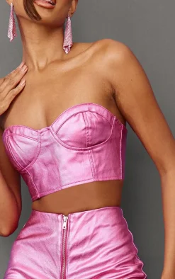 Bright Pink Metallic Look Coated Denim Bandeau Top