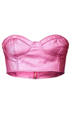 Bright Pink Metallic Look Coated Denim Bandeau Top
