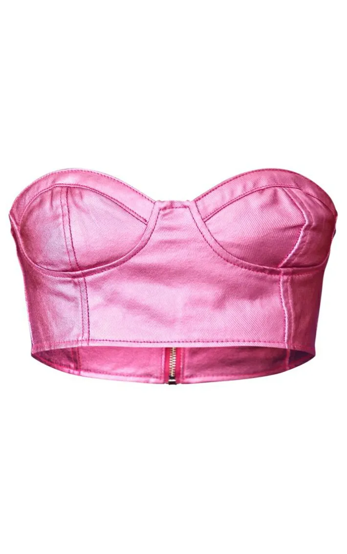 Bright Pink Metallic Look Coated Denim Bandeau Top
