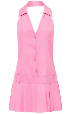 Bright Pink Pinstripe Tailored Woven Pleated Shift Dress