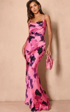 Bright Pink Printed Satin Halterneck Cowl Maxi Dress