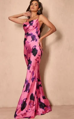 Bright Pink Printed Satin Halterneck Cowl Maxi Dress
