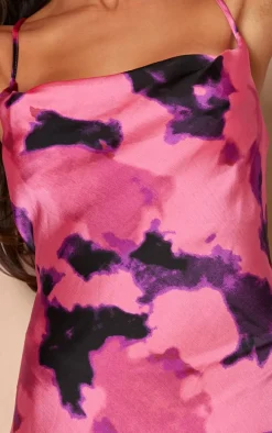 Bright Pink Printed Satin Halterneck Cowl Maxi Dress