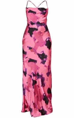 Bright Pink Printed Satin Halterneck Cowl Maxi Dress