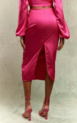 Bright Pink Satin Ruched V Front Detail Midaxi Skirt
