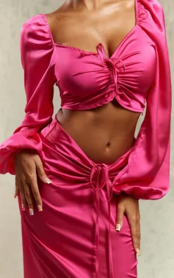Bright Pink Satin Ruched V Front Detail Midaxi Skirt
