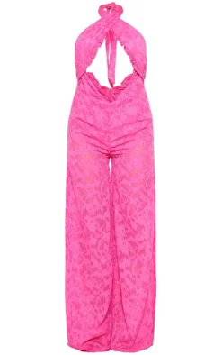 Bright Pink Textured Floral Cross Front Jumpsuit
