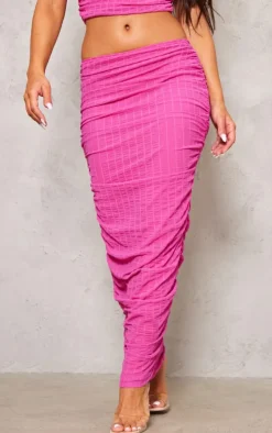 Bright Pink Textured Mesh Ruched Low Rise Midaxi Skirt