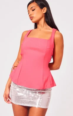 Bright Pink Woven Cut Out Bust Backless Long Top