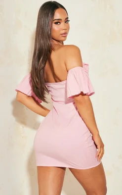 Bright Pink Woven Frill Bardot Halter Cut Out Shift Dress
