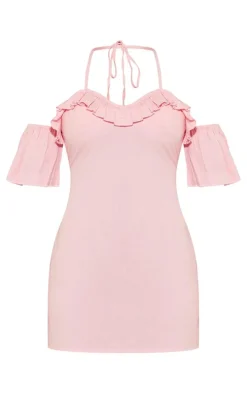 Bright Pink Woven Frill Bardot Halter Cut Out Shift Dress
