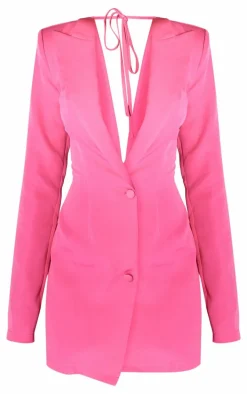 Bright Pink Woven Long Sleeve Bow Detail Blazer Dress