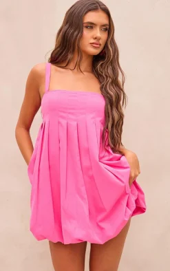 Bright Pink Woven Pleated Puff Ball Dress