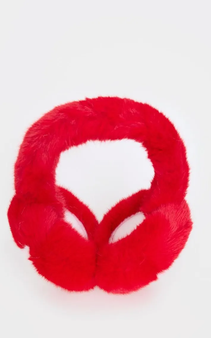 Bright Red Faux Fur Star Ear Muffs