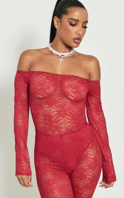 Bright Red Lace Bardot Long Sleeve Bodysuit