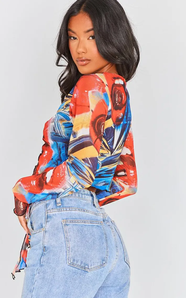 Bright Red Mesh Ring Detail Ruffle Long Sleeve Crop Top