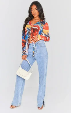 Bright Red Mesh Ring Detail Ruffle Long Sleeve Crop Top