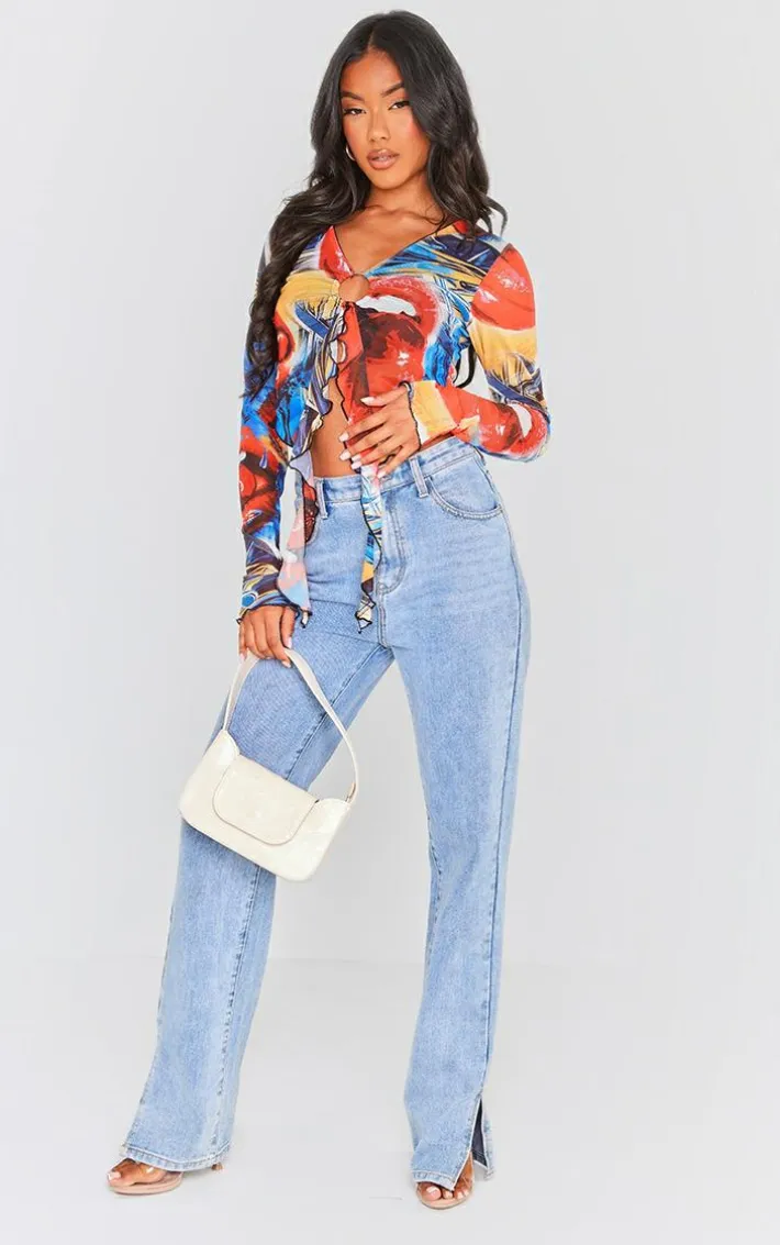 Bright Red Mesh Ring Detail Ruffle Long Sleeve Crop Top