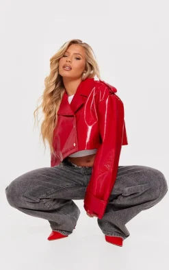 Bright Red Patent Faux Leather Cropped Trench