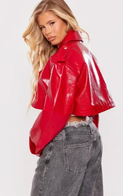 Bright Red Patent Faux Leather Cropped Trench