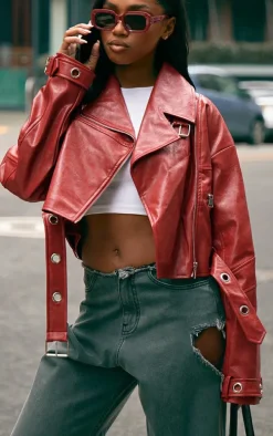 Bright Red Patent Faux Leather Belt Detail Cropped Biker Jacket