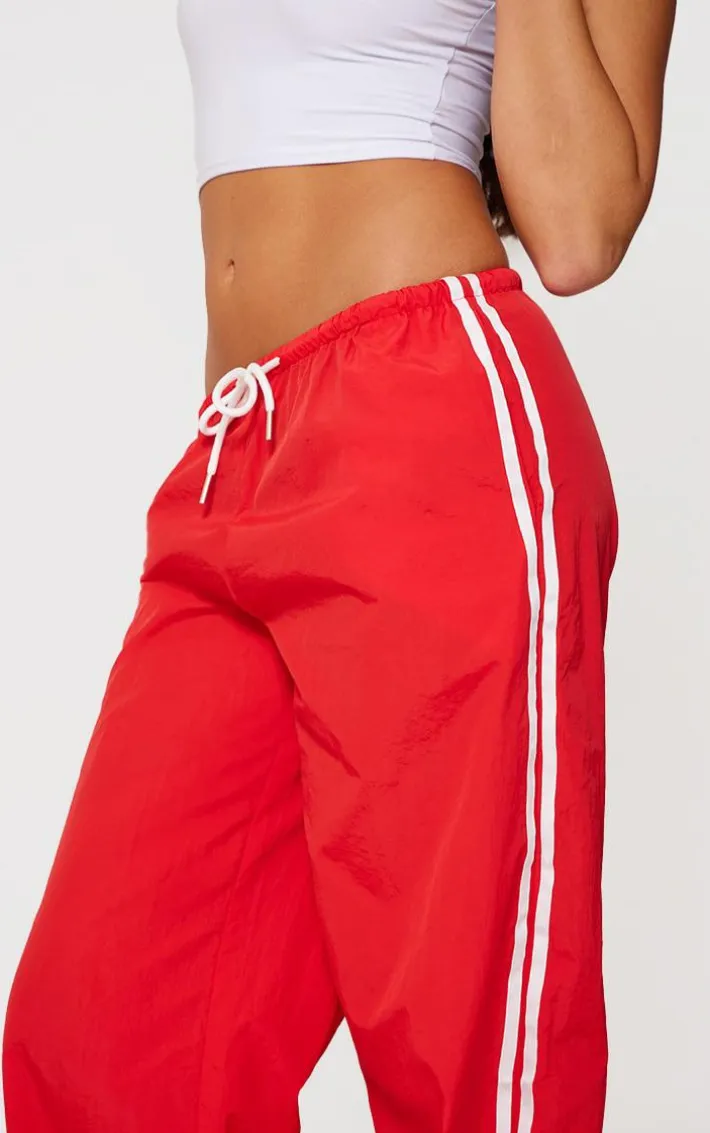 Bright Red Shell Side Stripe Detail Wide Leg Pants