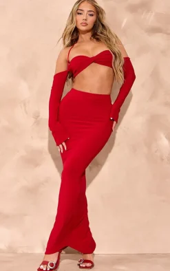 Bright Red Slinky Low Rise Maxi Skirt