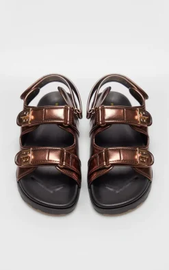 Bronze PU Round Toe Buckled Sling Back Footbed Sandals