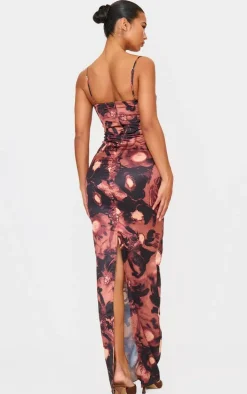 Brown Abstract Floral Print Lace Trim Maxi Dress